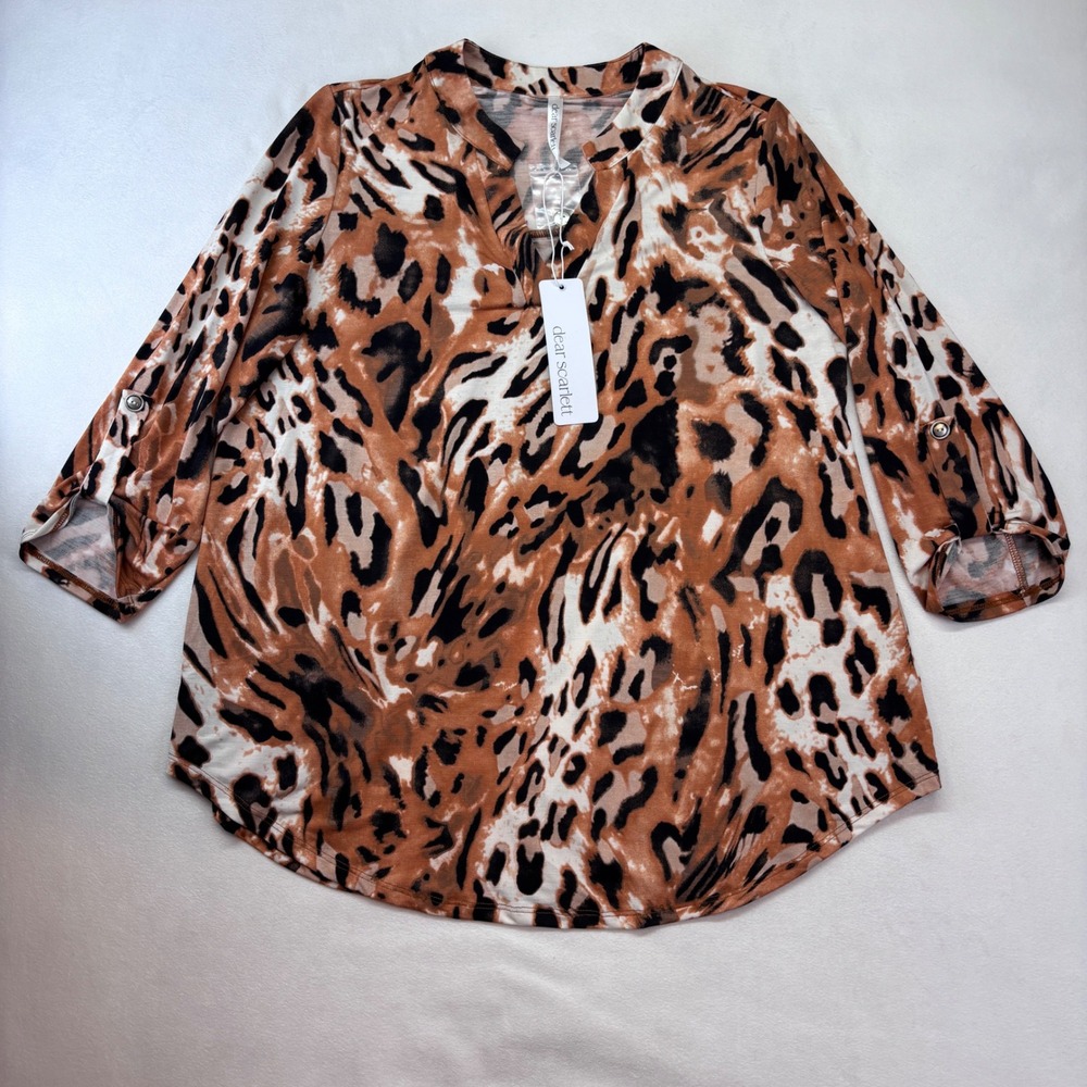 Dear Scarlett Leopard Print V-Neck Roll Tab Sleeve‎ Tunic Top Women Medium New